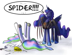 Size: 1600x1235 | Tagged: safe, artist:foxi-5, derpibooru import, princess celestia, princess luna, alicorn, pony, spider, 2spooky, arachnophobia, boo, cake, cakelestia, clothes, costume, cute, dialogue, duo, eyes closed, faint, fainting goat, featureless crotch, female, grin, legs in air, lunabetes, mare, on back, smiling, spoon, spread wings, squee, tea, teacup, this will end in tears and/or a journey to the moon