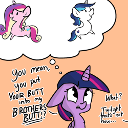 Size: 666x666 | Tagged: suggestive, artist:tjpones, derpibooru import, princess cadance, shining armor, twilight sparkle, twilight sparkle (alicorn), alicorn, pony, the one where pinkie pie knows, animated, auntie twilight, butt to butt, butt touch, female, how is babby formed, innocent, male, mare, naive, oblivious, reproduction, sex, shiningcadance, shipping, straight