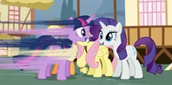 Size: 1919x953 | Tagged: safe, derpibooru import, screencap, fluttershy, rarity, twilight sparkle, twilight sparkle (alicorn), alicorn, pony, the one where pinkie pie knows, female, gotta go fast, great moments in animation, mare, motion lines, smear frame