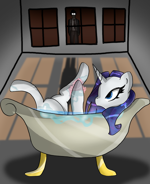 Size: 3475x4254 | Tagged: artist:jonathan the awesome, bath, bathtub, claw foot bathtub, derpibooru import, glasses, oc, oc:jona clay, rarity, safe, shadow, slenderman, soap, stalker, stalking, wet, wet mane, wet mane rarity, window