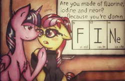 Size: 2482x1602 | Tagged: safe, artist:canvymamamoo, derpibooru import, moondancer, twilight sparkle, twilight sparkle (alicorn), alicorn, pony, chemistry joke, dialogue, female, fluorine, glasses, iodine, lesbian, mare, neon, nerd, periodic table, science, senpai noticed me, shipping, twidancer