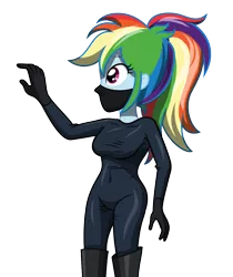 Size: 1064x1269 | Tagged: suggestive, artist:sumin6301, derpibooru import, rainbow dash, equestria girls, boots, breasts, clothes, female, gloves, latex, latex suit, mask, ponytail, raised arm, solo, tight clothing