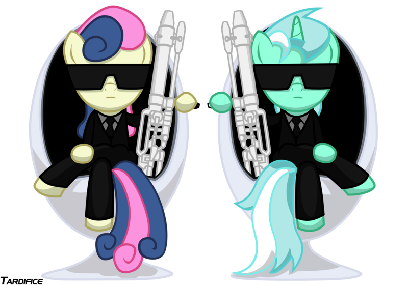 Size: 10000x7000 | Tagged: safe, artist:tardifice, artist:template93, derpibooru import, bon bon, lyra heartstrings, sweetie drops, pony, absurd resolution, bipedal, chair, clothes, crossed hooves, crossover, duo, gun, mares in black, men in black, necktie, simple background, sunglasses, transparent background, vector, weapon