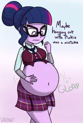 Size: 775x1144 | Tagged: safe, artist:variant, derpibooru import, sci-twi, twilight sparkle, equestria girls, friendship games, belly, belly button, big belly, clothes, crystal prep academy uniform, dialogue, exposed belly, fat, female, glasses, not pregnant, round belly, school uniform, sci-twilard, solo, stomach noise, stuffed, twilard sparkle, weight gain