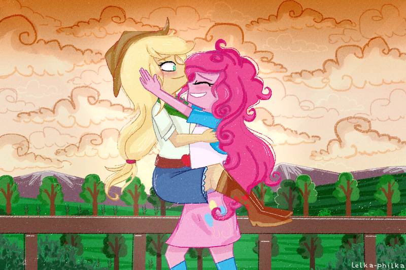 Size: 1080x720 | Tagged: safe, artist:lelka-philka, derpibooru import, applejack, pinkie pie, equestria girls, applepie, blushing, clothes, cowboy hat, denim skirt, eyes closed, female, hat, lesbian, shipping, signature, skirt, stetson