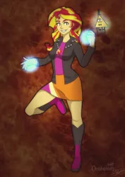 Size: 1684x2374 | Tagged: safe, artist:elzalokvud, derpibooru import, sunset shimmer, demon, equestria girls, bill cipher, boots, clothes, crossover, dark magic, dark side, disney, duo, evil, gravity falls, hat, leather jacket, magic, necktie, possessed, possession, raised leg, signature, skirt