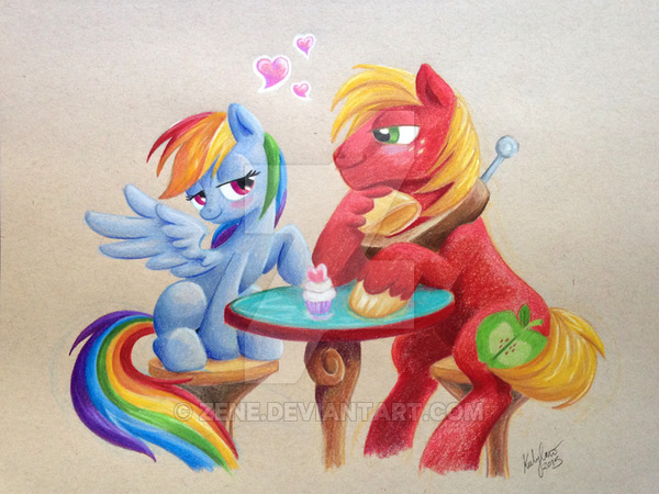 Size: 600x450 | Tagged: safe, artist:zene, derpibooru import, big macintosh, rainbow dash, earth pony, pony, blushing, cupcake, date, male, rainbowmac, shipping, sitting, stallion, straight, traditional art, watermark