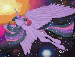 Size: 1024x768 | Tagged: safe, artist:penkatshi, derpibooru import, twilight sparkle, twilight sparkle (alicorn), alicorn, pony, eyes closed, female, flying, mare, older, solo, space, sparkly mane, spread wings, ultimate twilight, wings