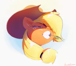 Size: 1280x1112 | Tagged: applejack, artist:musicalgenius, chewing, colored, derpibooru import, eyelashes, giant hat, grass, hat, head only, lidded eyes, open mouth, ponytail, safe, shadow, solo, squint, straw in mouth, teeth, wheat