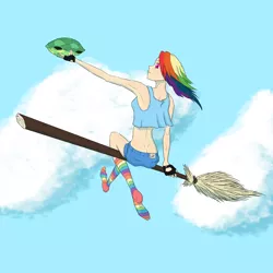 Size: 2000x2000 | Tagged: artist:vladar4, broom, clothes, cloud, cloudy, derpibooru import, flying, flying broomstick, human, humanized, midriff, rainbow dash, rainbow socks, safe, sitting, socks, striped socks, tank, tanktop