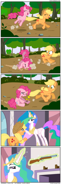 Size: 775x2317 | Tagged: semi-grimdark, artist:david vargas, derpibooru import, applejack, pinkie pie, princess celestia, alicorn, earth pony, pony, broken leg, comic, direman comics, euthanasia, female, gun, imminent death, levitation, magic, mare, murder, shotgun, telekinesis, weapon