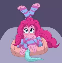 Size: 729x742 | Tagged: artist:caroo, clothes, derpibooru import, feet, human, humanized, implied nudity, pinkie pie, safe, socks, soles, solo, stockings, striped socks, stupid sexy pinkie, thigh highs, tickling, toeless stockings, toes
