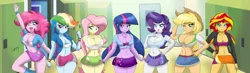 Size: 6487x1905 | Tagged: suggestive, artist:thebrokencog, derpibooru import, applejack, fluttershy, pinkie pie, rainbow dash, rarity, sunset shimmer, twilight sparkle, equestria girls, belly button, boots, breasts, busty applejack, busty fluttershy, busty mane six, busty pinkie pie, busty rainbow dash, busty rarity, busty sunset shimmer, busty twilight sparkle, canterlot high, cleavage, clothes, commission, denim skirt, female, females only, hourglass figure, humane seven, lidded eyes, looking at you, mane six, midriff, miniskirt, open mouth, sexy, skirt, wink