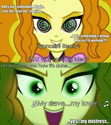 Size: 1272x1428 | Tagged: semi-grimdark, suggestive, derpibooru import, adagio dazzle, equestria girls, rainbow rocks, denied, image macro, imminent sex, implied sunset shimmer, meme, mind control, mistress, offscreen character, role reversal, sirens doing siren things, subversion, you had one job