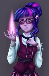 Size: 900x1402 | Tagged: safe, artist:allocen, derpibooru import, sci-twi, twilight sparkle, equestria girls, friendship games, clothes, crystal prep academy uniform, glasses, magic capture device, school uniform, solo