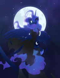 Size: 3900x5100 | Tagged: safe, artist:equestria-prevails, derpibooru import, princess luna, alicorn, pony, absurd resolution, cloak, clothes, feather, moon, night, sitting, solo, stars