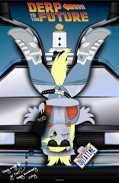Size: 888x1360 | Tagged: anthro, artist:skeletal-k9, back to the future, bedroom eyes, belt, belt buckle, breasts, busty derpy hooves, clothes, cosplay, costume, delorean, derpibooru import, derpy hooves, dmc, earring, female, high heel boots, kissy face, lips, marty mcfly, muffin, parody, piercing, suggestive, unzipped, upside down, wink, wristband, writing, zipper