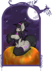 Size: 1500x2054 | Tagged: suggestive, artist:zzvinniezz, derpibooru import, octavia melody, anthro, earth pony, unguligrade anthro, black underwear, breasts, cleavage, clothes, costume, eyeshadow, female, fishnets, full moon, halloween, hat, holiday, makeup, mare in the moon, moon, night, nightmare night, nightmare night costume, panties, pumpkin, seductive pose, sexy, simple background, solo, solo female, stockings, stupid sexy octavia, thong, transparent background, underwear, wide hips, witch, witch hat