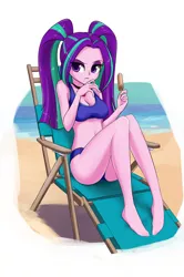 Size: 1514x2274 | Tagged: suggestive, artist:twilite-sparkleplz, derpibooru import, aria blaze, equestria girls, adorasexy, beach, belly button, bikini, breasts, busty aria blaze, chair, cleavage, clothes, colored, cute, female, food, midriff, popsicle, sexy, solo, solo female, swimsuit