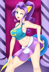 Size: 822x1200 | Tagged: suggestive, artist:viracon, derpibooru import, rarity, human, equestria girls, armpits, belly button, breasts, busty rarity, cheerleader, clothes, female, humanized, looking at you, midriff, open mouth, pony ears, skirt, smiling, solo, solo female, tanktop, wink, wondercolts