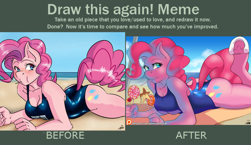 Size: 1900x1097 | Tagged: anthro, artist:the-unicorn-lord, beach, before and after, clothes, derpibooru import, female, meme, pinkie pie, pinup, sexy, suggestive, swimsuit