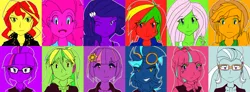 Size: 2725x1000 | Tagged: safe, artist:flam3zero, derpibooru import, applejack, fluttershy, indigo zap, lemon zest, pinkie pie, rainbow dash, rarity, sci-twi, sour sweet, sugarcoat, sunny flare, sunset shimmer, twilight sparkle, equestria girls, friendship games, bowtie, canterlot high, clothes, cowboy hat, crystal prep academy, crystal prep shadowbolts, freckles, glasses, goggles, hat, headphones, humane five, leather jacket, looking at you, one eye closed, open mouth, shadow five, stetson, versus, wink, wonderbolts, wondercolts