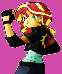 Size: 2000x2392 | Tagged: safe, artist:flam3zero, derpibooru import, sunset shimmer, equestria girls, anime, bike jacket, clothes, fingerless gloves, fist pump, gloves, king of fighters, kyo kusanagi, pants, solo