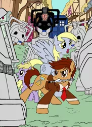 Size: 2552x3508 | Tagged: safe, artist:edcom02, artist:jmkplover, derpibooru import, derpy hooves, dinky hooves, doctor whooves, time turner, ponified, cyberman, pony, david tennant, doctor who, male, ponyville, sonic screwdriver, stallion, tardis, tenth doctor