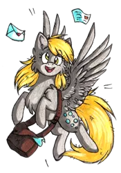 Size: 1020x1455 | Tagged: safe, artist:tenebristayga, derpibooru import, derpy hooves, pegasus, pony, chest fluff, ear fluff, female, fluffy, flying, letter, mailbag, mare, simple background, solo, traditional art, transparent background