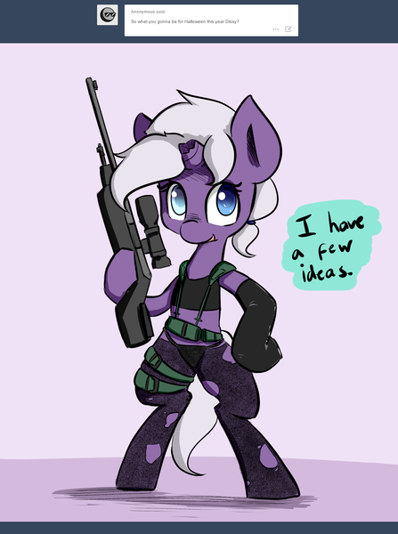 Size: 1361x1828 | Tagged: safe, artist:artguydis, derpibooru import, oc, oc:disastral, unofficial characters only, pony, unicorn, askdisastral, bikini, bipedal, broken horn, clothes, comic, female, gun, hooves, horn, mare, metal gear solid, metal gear solid 5, midriff, open mouth, optical sight, quiet (metal gear), rifle, sniper rifle, solo, swimsuit, weapon