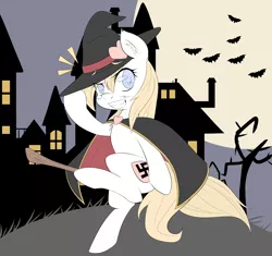 Size: 2064x1944 | Tagged: artist:randy, broom, cape, clothes, dead tree, derpibooru import, female, flying, flying broomstick, full moon, halloween, hat, moon, nazi, oc, oc:aryanne, safe, smiling, solo, swastika, tree, unofficial characters only, witch, witch hat