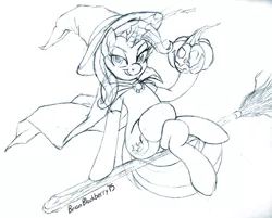 Size: 966x775 | Tagged: safe, artist:brianblackberry, derpibooru import, trixie, pony, unicorn, clothes, costume, female, flying broomstick, halloween, jack-o-lantern, mare, monochrome, nightmare night, nightmare night costume, sketch, smug, solo, witch