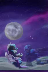 Size: 600x900 | Tagged: safe, artist:banoodle, derpibooru import, princess celestia, princess luna, alicorn, classical unicorn, pony, cloud, cloudy, eyes closed, female, leonine tail, mare, mare in the moon, moon, night, outdoors, sky, solo, standing, stars, unshorn fetlocks, windswept mane