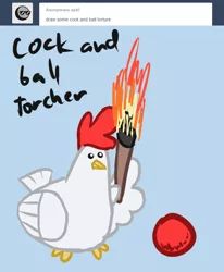 Size: 700x850 | Tagged: safe, artist:arrkhal, derpibooru import, chicken, ask, ball, blog, male, pun, rooster, solo, torch, tumblr, wat, wing hands