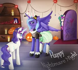 Size: 2550x2300 | Tagged: artist:mailner, blushing, bunny blanc, bunny ears, candle, clothes, costume, crossover, derpibooru import, ever after high, jack-o-lantern, magic, nightmare night, nightmare night costume, princess celestia, princess luna, pumpkin, rarity, s1 luna, safe, shirt, skirt, spread wings, sweetie belle, telekinesis