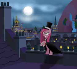 Size: 1024x921 | Tagged: artist:vector-brony, canterlot, cape, clothes, cosplay, costume, crossover, derpibooru import, dr jekyll and mr hyde, full moon, green eyes, hat, inkscape, looking at you, moon, mr hyde, night sky, pinkamena diane pie, pinkie pie, safe, solo, top hat