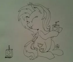 Size: 1280x1088 | Tagged: safe, artist:notenoughapples, derpibooru import, fluttershy, bat pony, pony, apple juice, disgusted, eyes closed, flutterbat, juice box, monochrome, orange juice, raspberry, sitting, solo, tongue out, traditional art