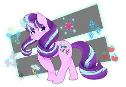 Size: 1461x1009 | Tagged: safe, artist:pillonchou, derpibooru import, applejack, fluttershy, pinkie pie, rainbow dash, rarity, starlight glimmer, twilight sparkle, twilight sparkle (alicorn), alicorn, pony, cutie mark, equal sign, female, looking back, magic, mane six, mare, raised hoof, signature, solo