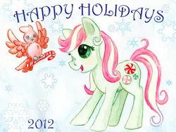 Size: 3600x2704 | Tagged: artist:rayechu, bird, candy, candy cane, derpibooru import, g3, minty, safe, snow, snowflake, traditional art, winter