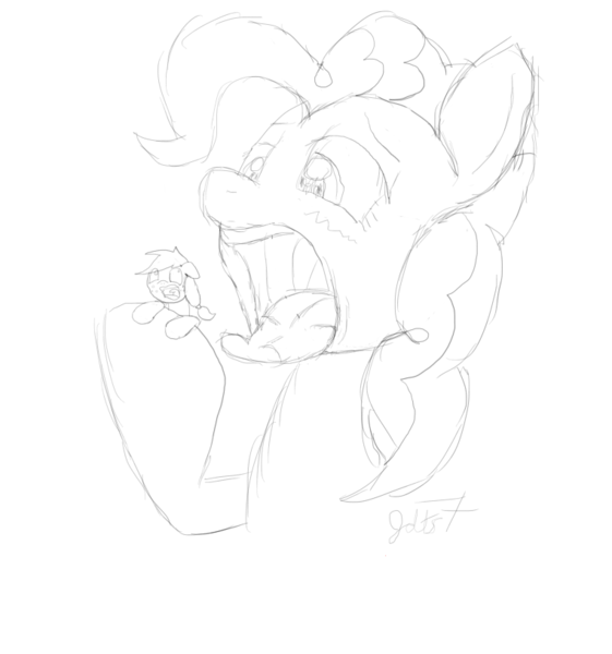 Size: 761x814 | Tagged: questionable, artist:jdts7, derpibooru import, applejack, pinkie pie, imminent vore, macro, micro, monochrome, open mouth, tongue out