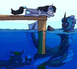 Size: 540x483 | Tagged: safe, artist:graytr, derpibooru import, oc, oc:bucketling, oc:shocks, oc:spotted record, oc:synch, unofficial characters only, changeling, merpony, pegasus, pony, female, male, ocean, pier, water