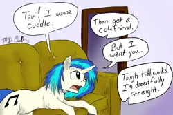 Size: 1024x683 | Tagged: safe, artist:m_d_quill, derpibooru import, vinyl scratch, pony, unicorn, colored hooves, denied, dialogue, female, fluffy, friendzone, implied octavia, mare, offscreen character, one-sided, one-sided love, open mouth, shipping denied, solo, speech bubble, unrequited