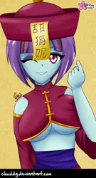 Size: 432x799 | Tagged: suggestive, artist:clouddg, derpibooru import, sunny flare, undead, equestria girls, friendship games, big breasts, breasts, busty sunny flare, cleavage, clothes, costume, eyes closed, female, jiangshi, nightmare night, nightmare night costume, ofuda, paper talisman, signature, solo, solo female, underboob, wink