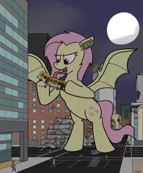 Size: 1828x2206 | Tagged: grimdark, artist:rapidstrike, derpibooru import, part of a set, fluttershy, bat pony, pony, series:giant flutterbat, bipedal, bus, city, destruction, falling, flutterbat, full moon, giant pony, licking, macro, moon, night sky, open mouth, part of a series, people, red eyes, request, requested art, solo, tongue out, trapped, vehicle