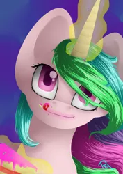 Size: 2480x3496 | Tagged: safe, artist:moon-wing, derpibooru import, princess celestia, cake, cakelestia, frosting, licking, licking lips, looking at you, magic, solo, telekinesis, tongue out