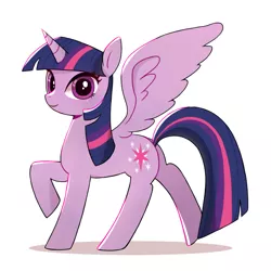 Size: 1000x1000 | Tagged: safe, artist:9seconds, derpibooru import, twilight sparkle, twilight sparkle (alicorn), alicorn, pony, female, looking at you, mare, raised hoof, simple background, smiling, solo, spread wings, white background