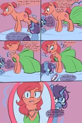 Size: 1400x2100 | Tagged: annoyed, applejack, artist:goat train, bedroom eyes, clothes, comic, derpibooru import, dress, freckles, frown, fusion, glare, glasses, grin, magic, mirror, necklace, oc, oc:gala apple, oc:rainbow quartz, open mouth, rainbow dash, rarity, safe, smiling, smirk, telekinesis