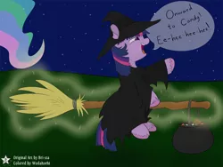 Size: 4500x3375 | Tagged: artist:bri-sta, artist:wodahseht, broom, candy, cauldron, clothes, costume, cute, derpibooru import, dialogue, filly, filly twilight sparkle, flying, flying broomstick, halloween, hat, levitation, magic, night, nightmare night, offscreen character, open mouth, princess celestia, safe, smiling, spider, stars, telekinesis, trick or treat, twiabetes, twilight sparkle, witch, witch hat