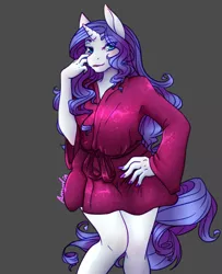 Size: 1040x1280 | Tagged: suggestive, artist:casara, deleted from derpibooru, derpibooru import, rarity, anthro, unicorn, bathrobe, clothes, female, hand on hip, looking at you, nail polish, robe, solo, solo female