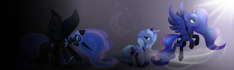 Size: 1024x307 | Tagged: artist:zmei-kira, dark, derpibooru import, evolution, light, lunar trinity, nightmare moon, princess luna, s1 luna, safe